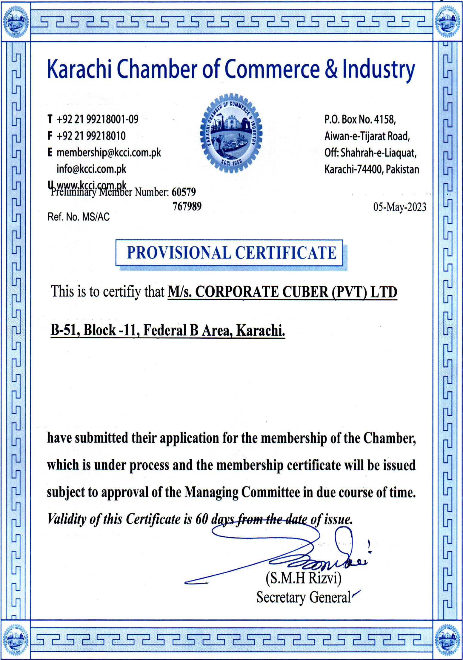 KCCI Membership Certificate - Provisional